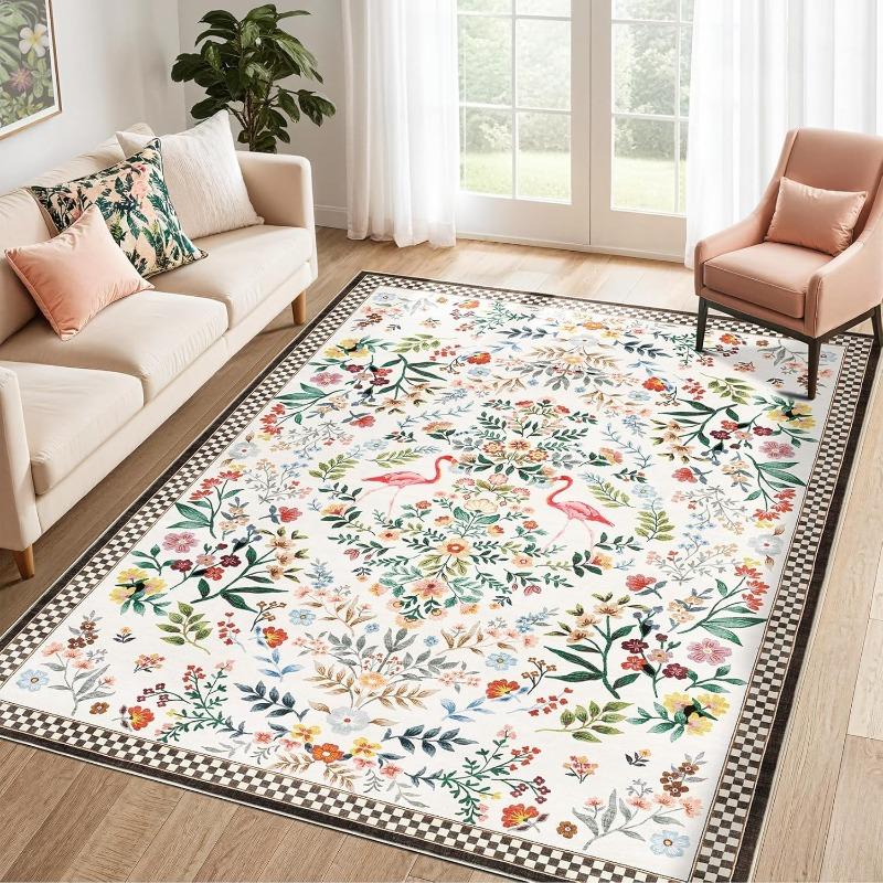 Floral Plaid Print Living Room Carpet Large Area Machine Washable Rugs Non Slip Backing Sofa Coffee Table Floor Mat Bedroom Rug