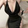 Women's Black Hollow Strap Slim Dress - One Size Pajama Style