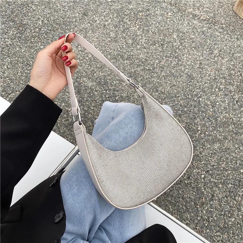 Women's Vintage Single Shoulder Bag Solid Color Casual Messenger Bag Elegant Versatile Handbag Inlaid Diamond Underarm Bag