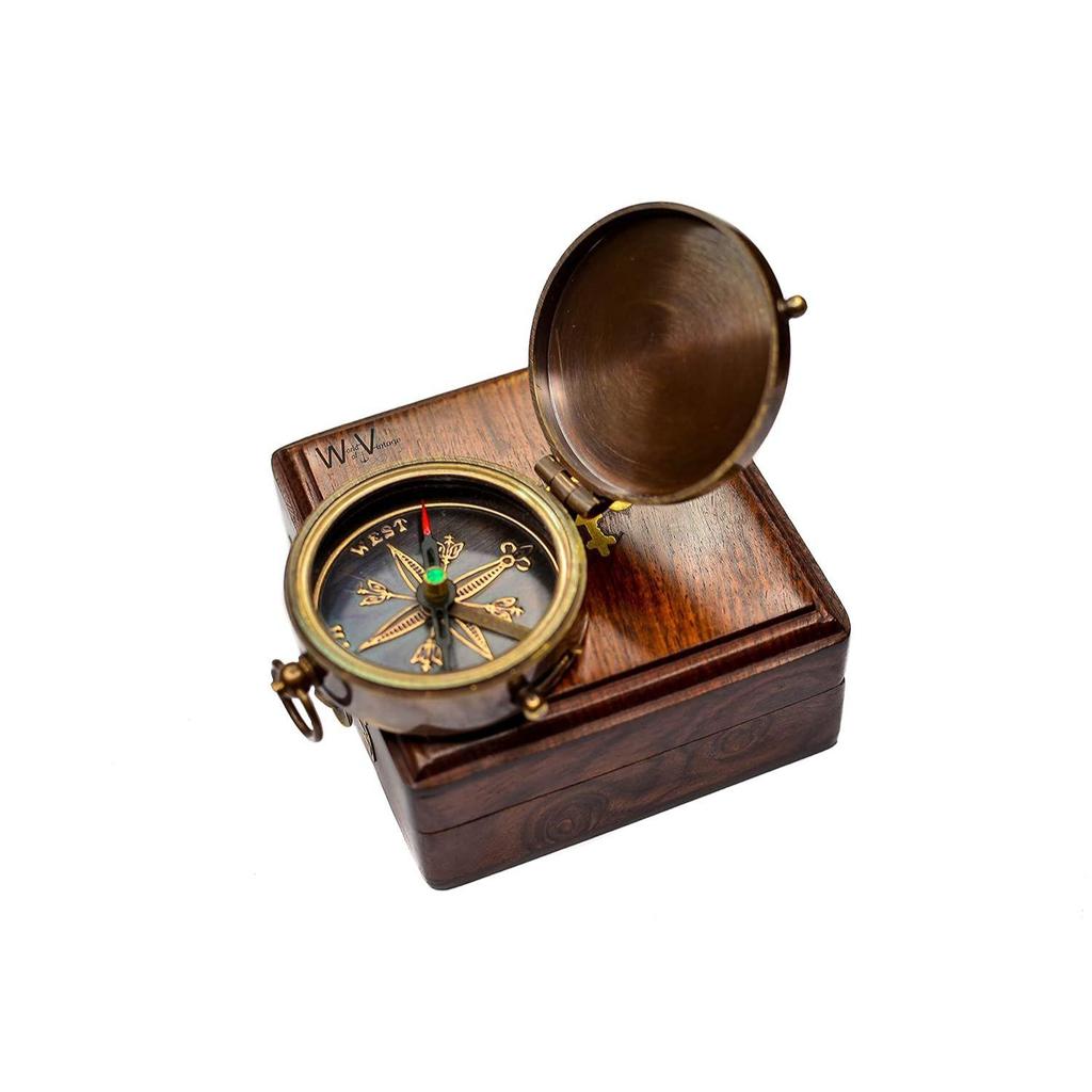 Antique Brass Pocket Compass with Wooden Box