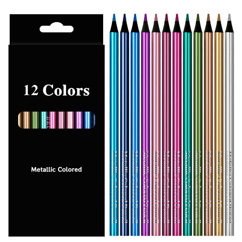 12-Color Metallic Black Wood Fluorescent Oil-Based Colored Pencils for Hand Drawing