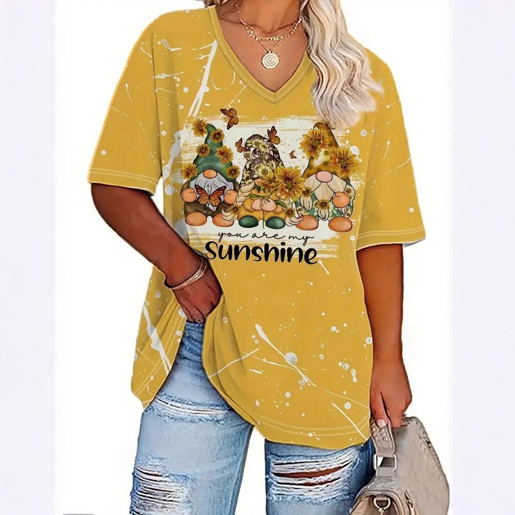 American Women's Clothing New Temperament V-neck Large Size Short-sleeved T-shirt Top Independent Day Personalized 3D Printing