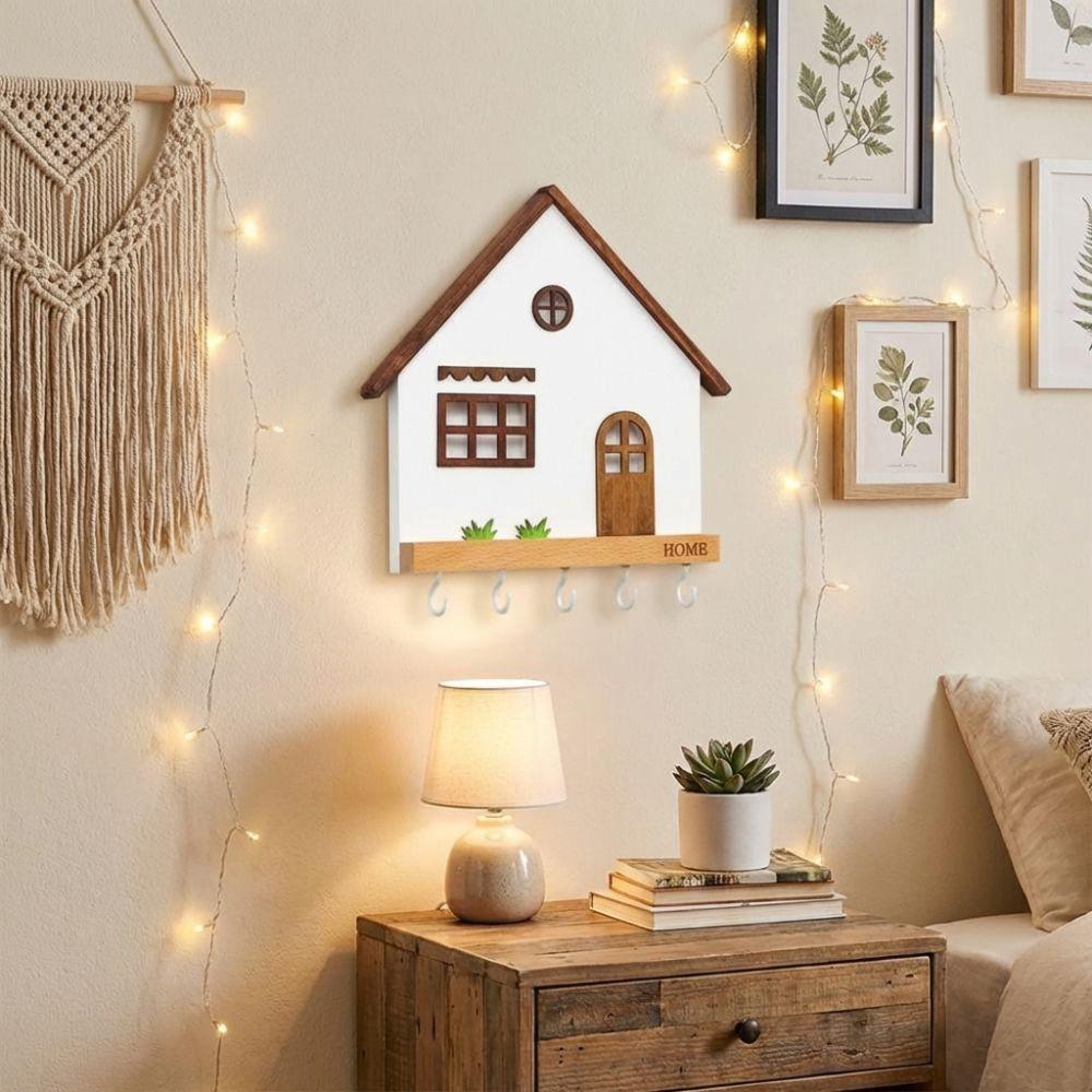 5-Hook Design Decorative Hooks House Shape Key Rack Creative Key Holder Room Organization