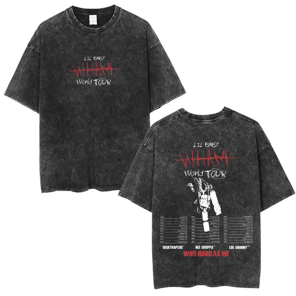 Rapper Lil Baby Wham World Tour Maglietta Lavata Vintage Uomo Donna Moda Casual Maglietta Retrò Hip Hop Magliette Oversize