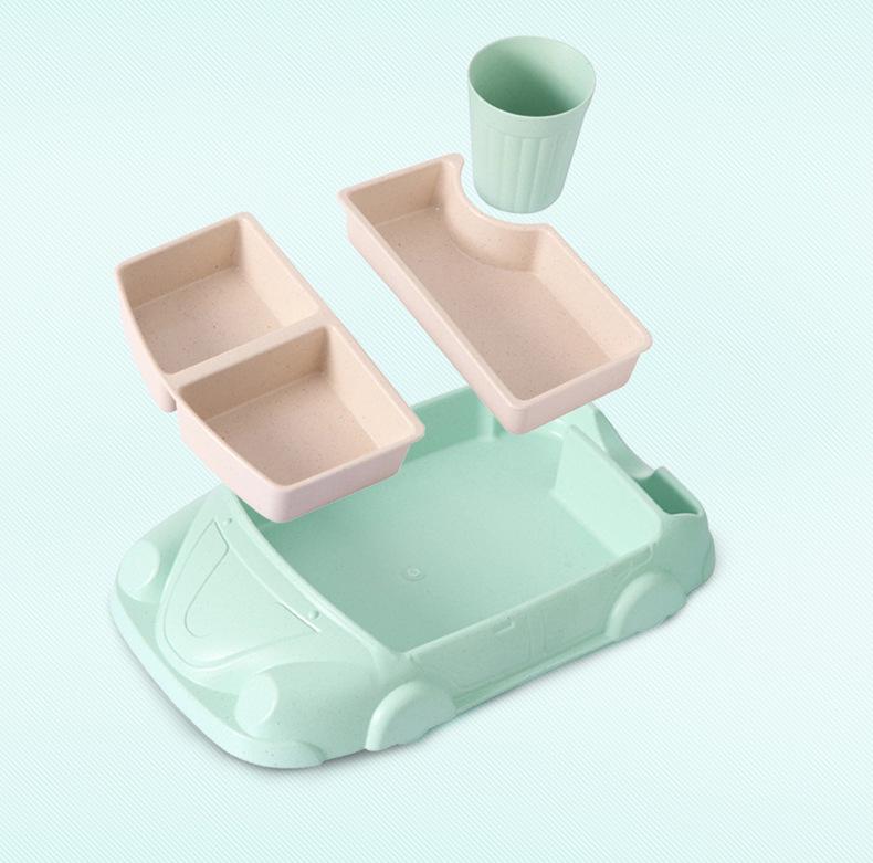 Car-Shaped Bamboo Fiber Children's Plate with Three Compartments & Water Cup - Durable, Anti-Fall Design for Baby Meals
