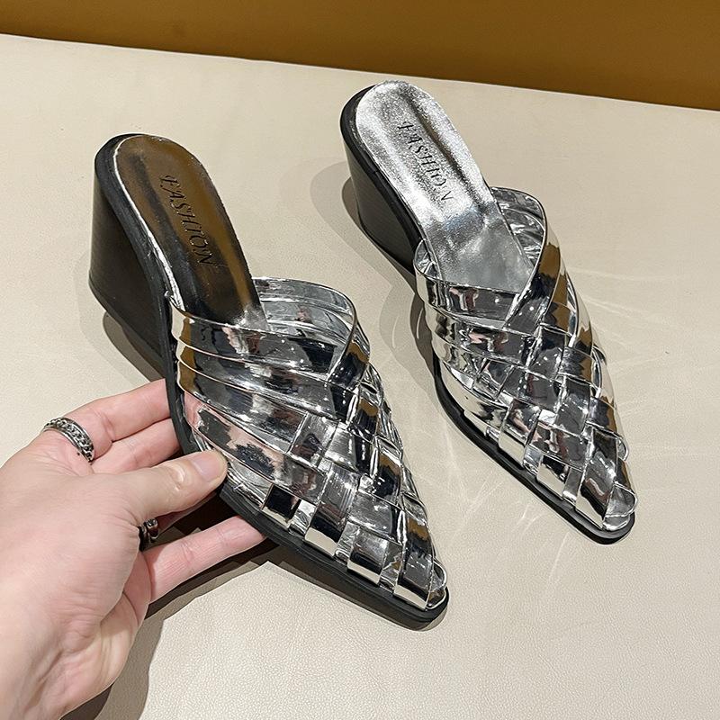 Fashion Women's Thick-soled Wedge-heeled Pointed-toe Woven Sandals, Large Size, Casual Beach Shoes