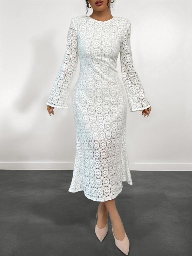 European & American 2025 Spring/Autumn Elegant Fishtail Skirt Long Sleeve Lace White Dress