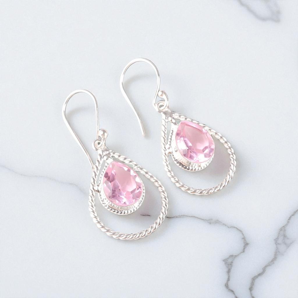Morganite Gemstone 925 Sterling Silver Jewelry Handmade Earrings 1.70" For Gift EE-96-13