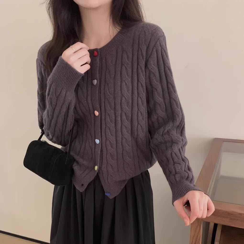 2025 Korean version autumn new solid color round neck knitted cardigan colored love buckle soft waxy loose sweater women's top