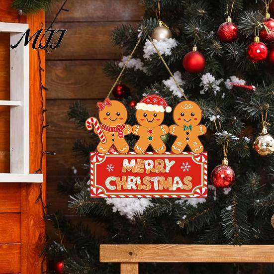 Christmas Photo Background Prop Gingerbread Man Wooden Hanging Sign for Front Door, Merry Holiday Party Ornament Plaque with Lanyard, Wall Decoration