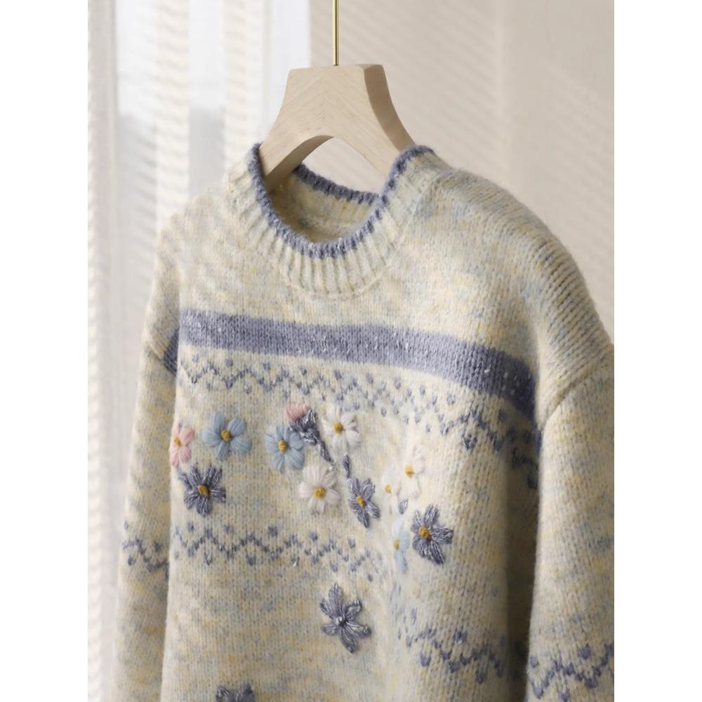 Women Sweaters Knitting Basic Embroidered O-Neck Style Loose Pullover Sweater