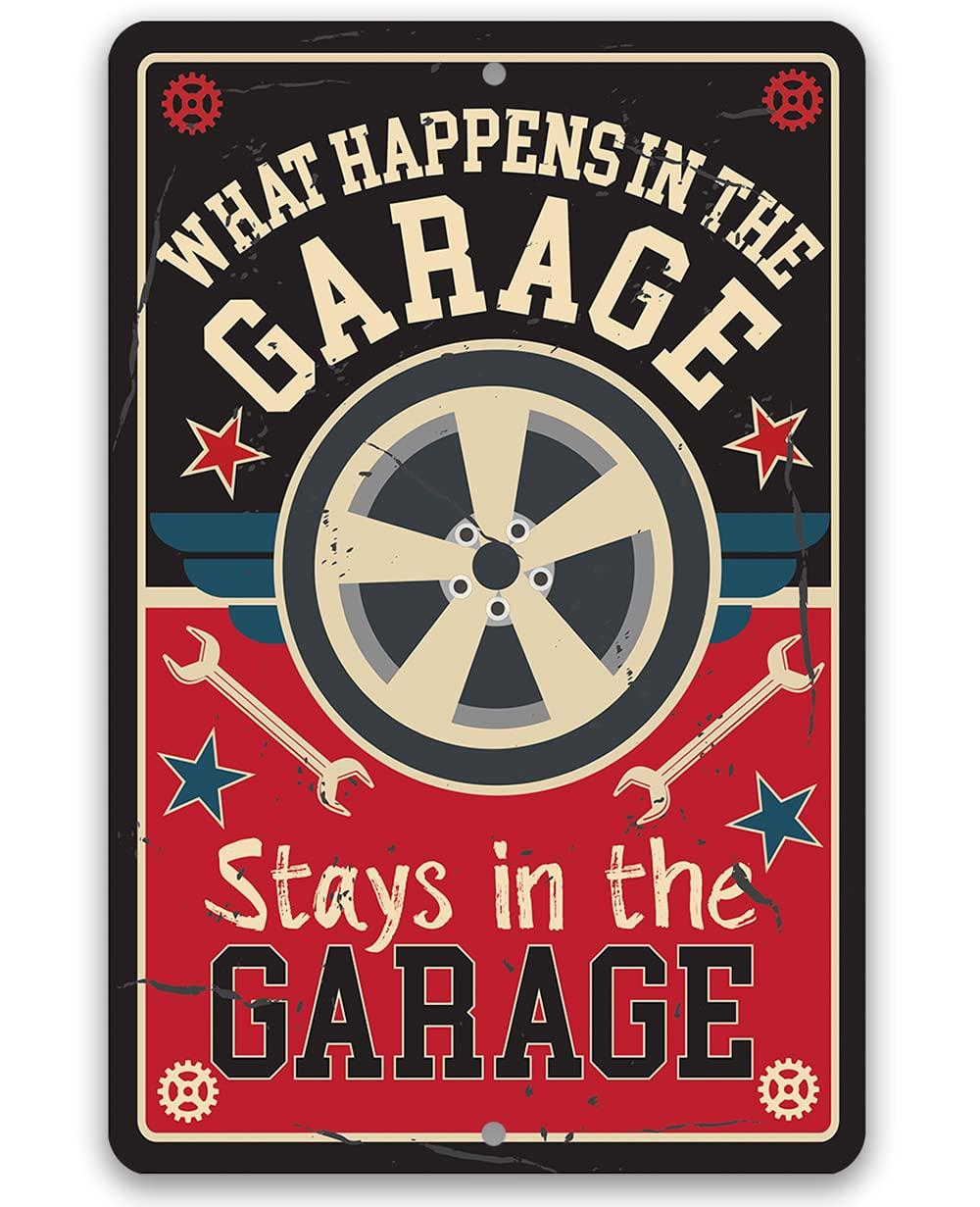 What Happens in The Garage Stays in The Garage Vintage Metal Tin Home Decoration for Garage Man Cave Workshop Repair Shop 20x30cm(7.8x11.8inch)