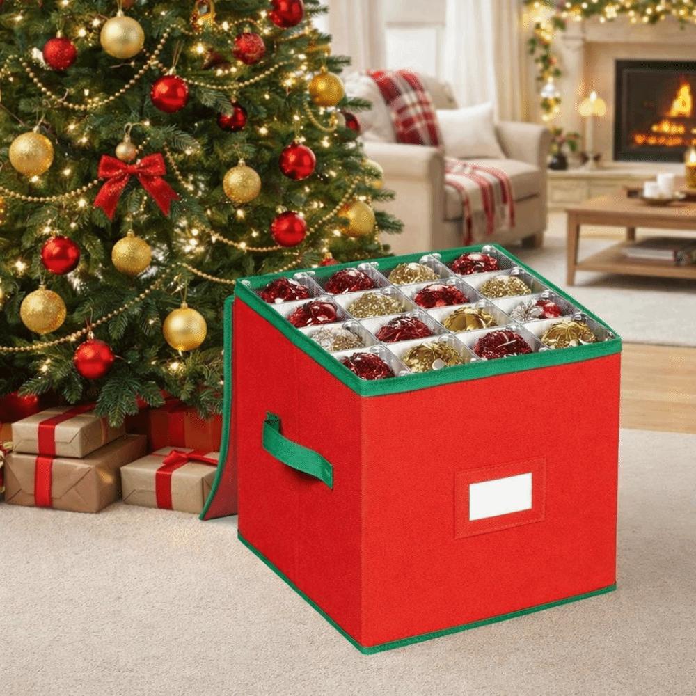 64 Grids Christmas Ball Storage Box Zipper Closure Large Capacity Ornament Storage Box Folding with Dividers