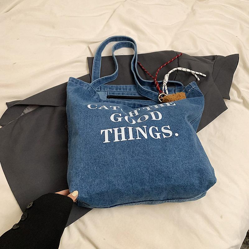 Casual relaxation letter bag women's new fashion college student class shoulder bag denim tote bag