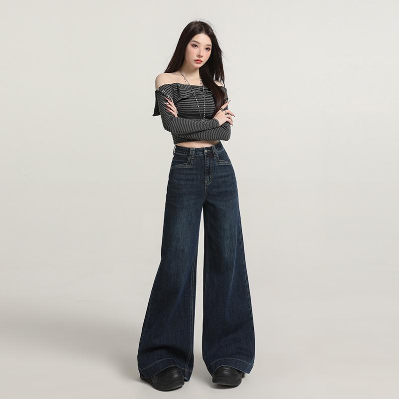 Retro micro-pull jeans, women's autumn new high-waisted loose-fitting wide-legged and thin, no-stick leg flared pants