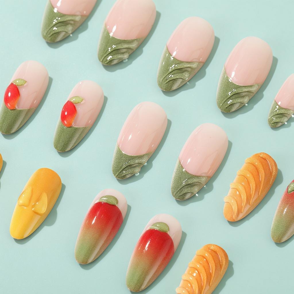 3D Mango Press On Nails 24Pcs Korean Style Artificial Nails with Gradient Green Yellow Design for Daily Party Wedding