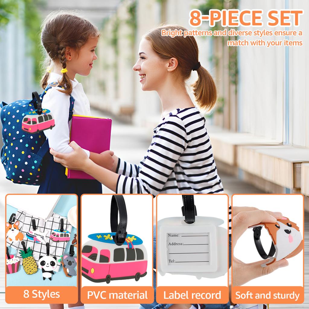 8Pcs Cartoon Luggage Tags Suitcase Identify Labels PVC Travel Baggage Tags with Adjustable Strap for Suitcases Travel Bag Decor