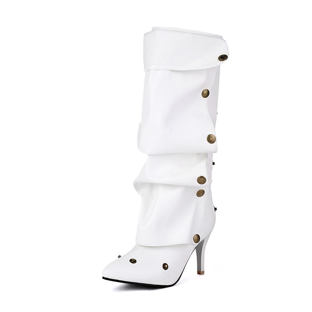Fashion Women Over The Knee Boots High Heels PU Leather Solid Pointed Toe Stiletto Slip-on Rivet Folding Femininos Booties Cool Boots