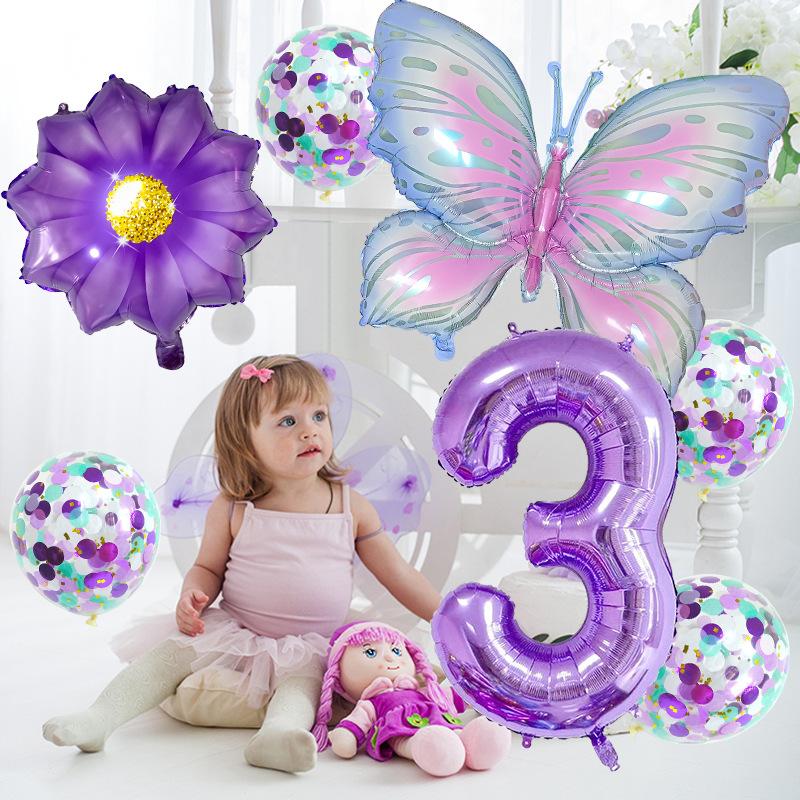 Purple And Pink Butterfly Balloon Set, Chrysanthemum Aluminum Film Confetti Balloon, Baby Rain Party Arrangement