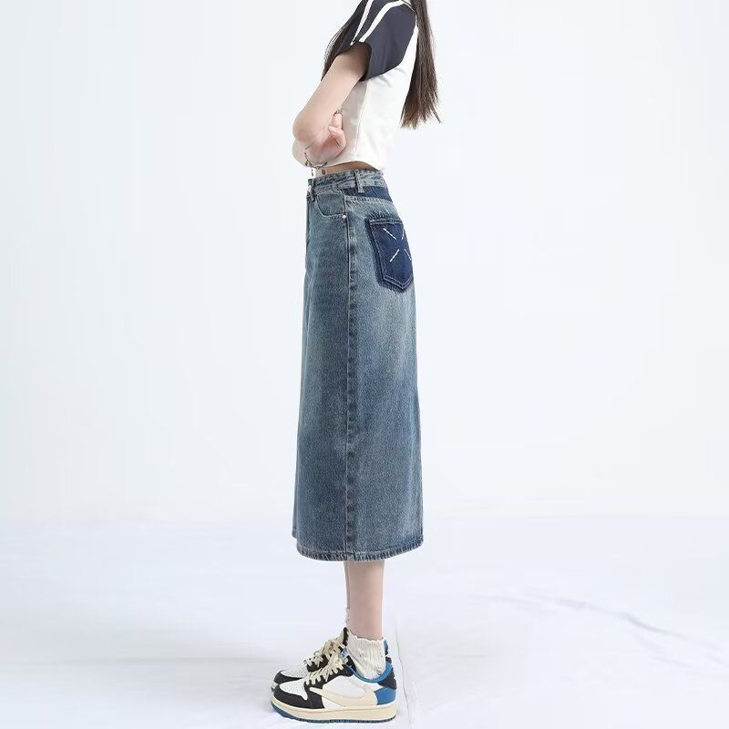 Retro Denim Skirt for Women with High Waist and Slimming Effect A-line Plus Size Back Split Skirt