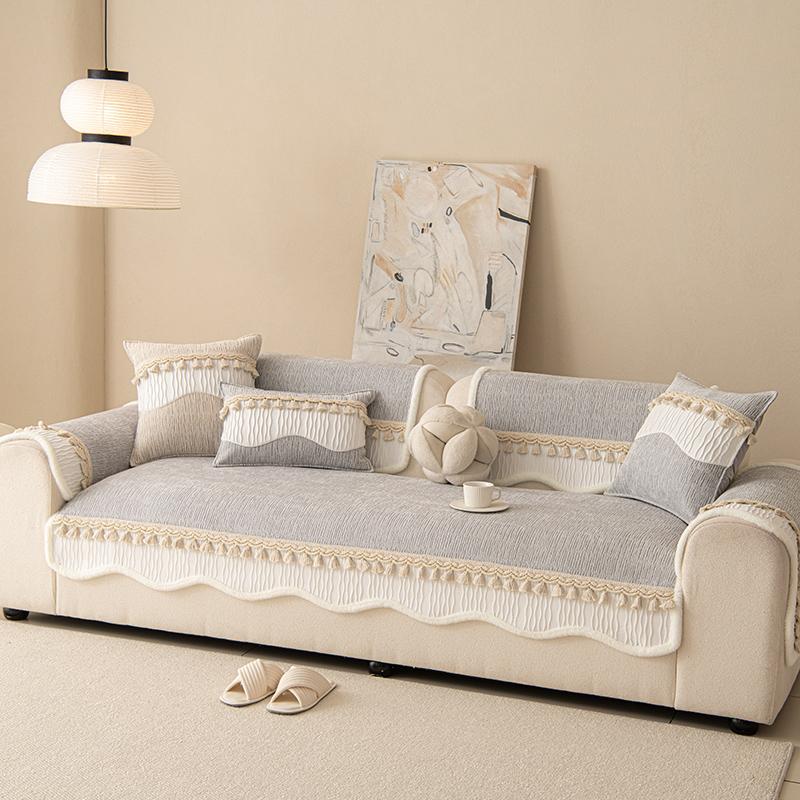 Luxurious Chenille Sofa Cover with Decorative Stitching Thick Sofa Towel Couch Cushion Seat Cover for Living Room Modern Home 70X70cm серый