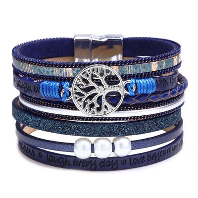 Leather Pearl Tree of Life Braided Fashion Accessory Women's Bracelet, Antique-Style Bracelet, Blue, Multi-Layer Bracelet,