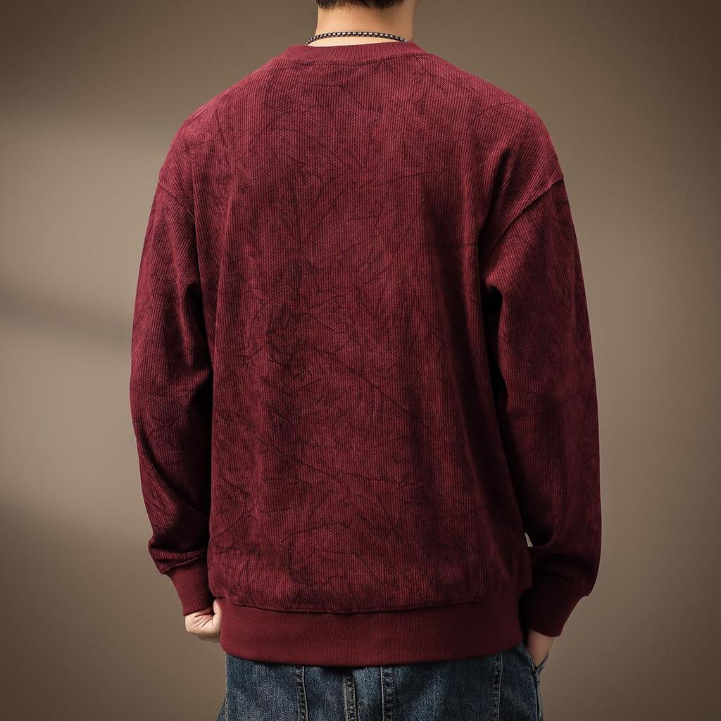Men's Heavyweight Wool Hoodie - Spring/Autumn Round Neck, Loose Long Sleeve T-shirt, Printed Casual Base Layer