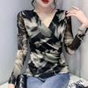 2025 Spring/Autumn Fashion Printed Mesh Waist Pleated Crossover V-Neck Long Sleeve Sexy Women's T-Shirt Top