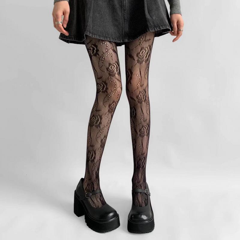 Retro Floral Lace Diamond Pattern Hollow-Out Vertical Stripe Stockings - Anti-Snag, Summer-Thin for Women