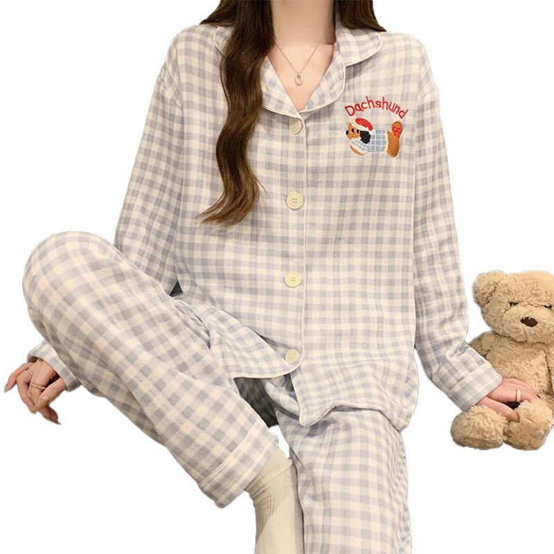 Dackel-Pyjama Herbst und Winter Damen Warm Süß Kariert Luftbaumwolle Lässig Trend Cartoon Loungewear Set