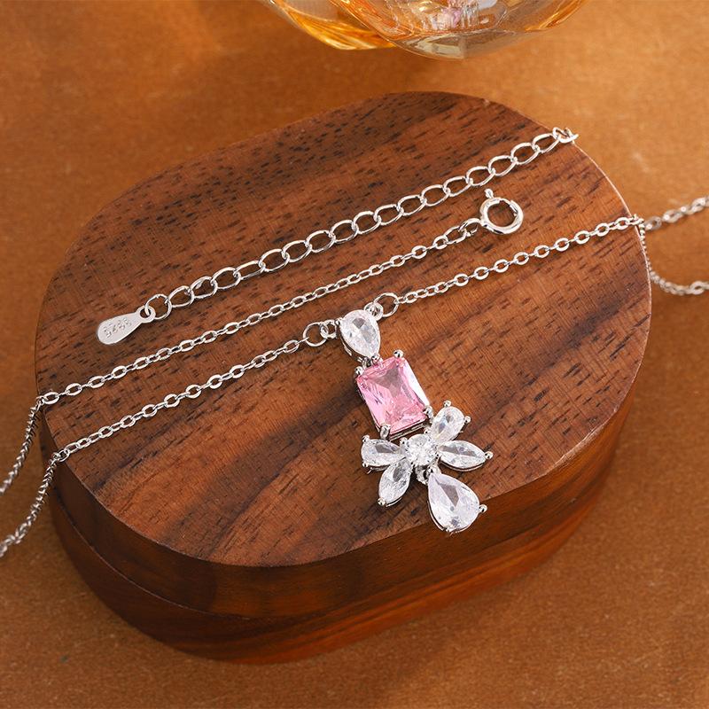 Exquisite Yellow-Pink Rectangular Gemstone Bow Water Drop Necklace Feminine Bridal Dress Accessory Pendant Party Birthday Gift