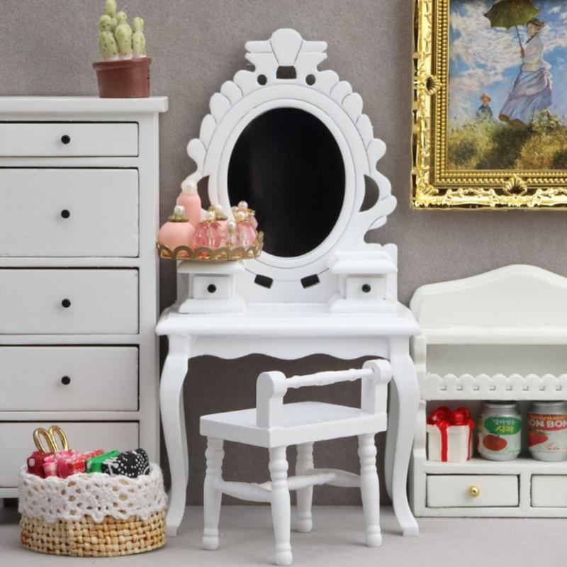 1/12 Scale Traditional Wooden Mini Furniture Set Dresser Stool With Fine Workmanship For Small Room Display