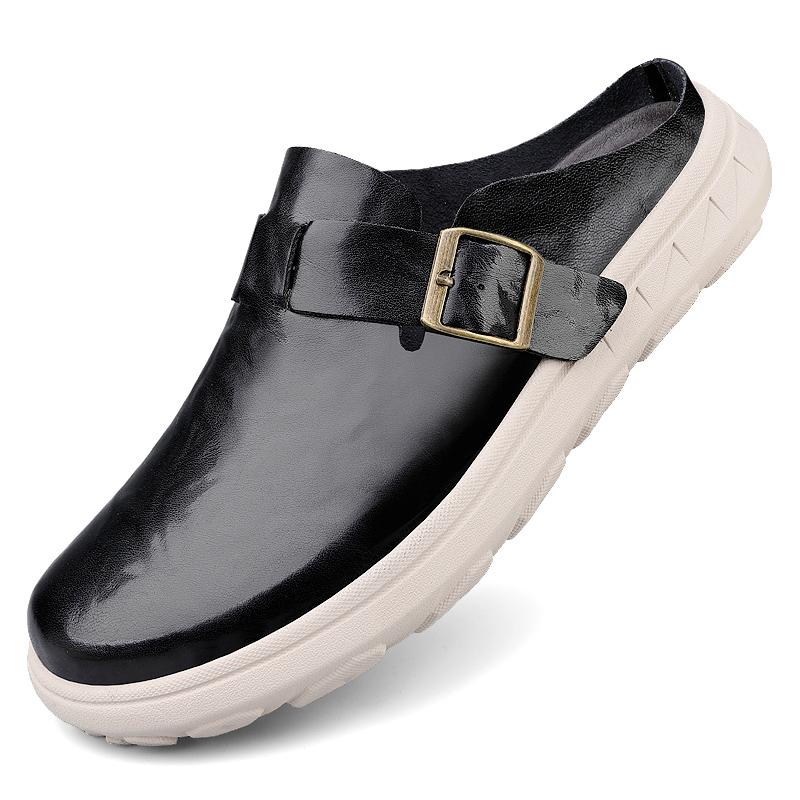 

Mens Leather Slippers Thick Soles Half Shoes For Men Summer Casual Sandals With Buckle Soft Comfort Indoor Outdoor 47