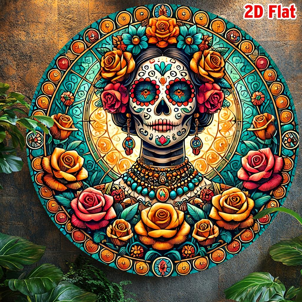D FlatRound Day of the Dead La Catrina Sugar Skull Lady Metal Tin Sign Xcm Mexican Themed Decor for Home Garden