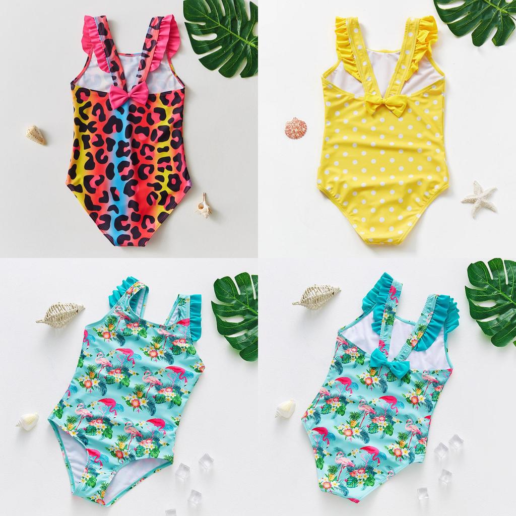 Girl Swimwear With Flamingo Print And Ruffle Shoulder Straps For Water Sports