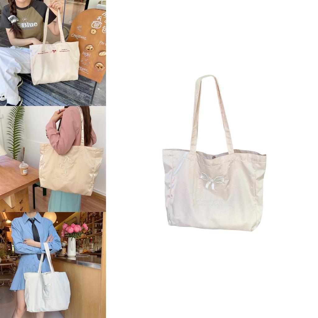 Elegant Pearl Beige Bow Tote Bag Lovely Embroidered Canvas School Bag For Girls