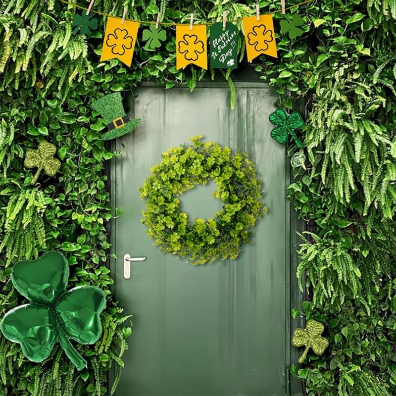 Green Wreath Artificial Four Leaf Clovers Garlands Green Hanging Tinsel Garlands Ornament for Patricks Day Decoration
