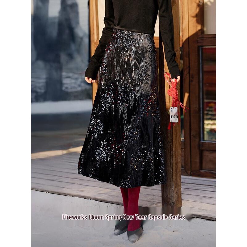 XWI Elegant Velvet Irregular Sequin A-Line Skirt