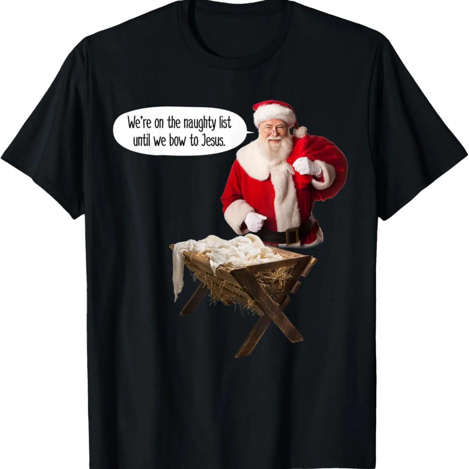 Santa Bows to Jesus Manger Baby Christmas Christian Pastor T-Shirt S чёрный