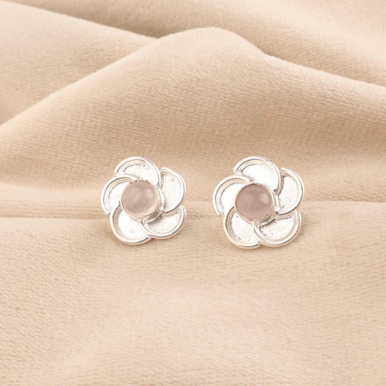

Round Natural Rose Quartz Sterling Silver Wife Gift Stud Unique Earrings Jewelry EE-157-33