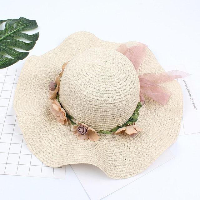Fashion Summer Wavy Straw Hat Women's Sun CapBeach Eaves Flower Bow Caps