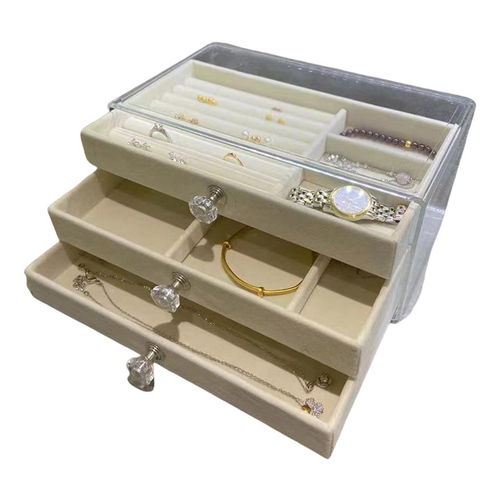 Plastic Velvets Jewelry Organizer 3 Drawers Stackable Display Case for Earrings Necklace Bracelets Accessories Holder