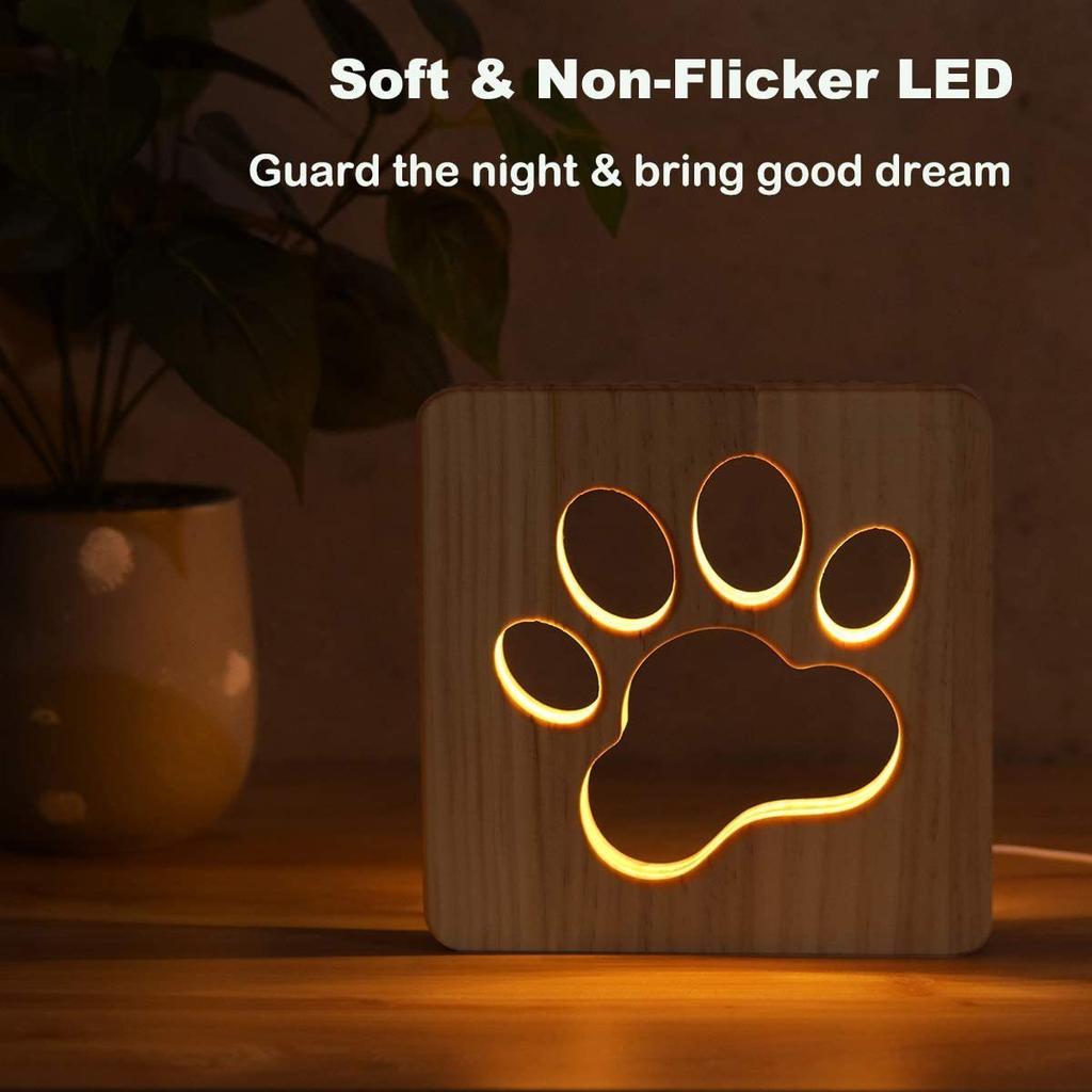 1PC USB Powered Cat's Paw Wooden LED Night Light, The Texture of The Log Is Warm and Soft, and It Can Be Used As A Bedroom Table Lamp