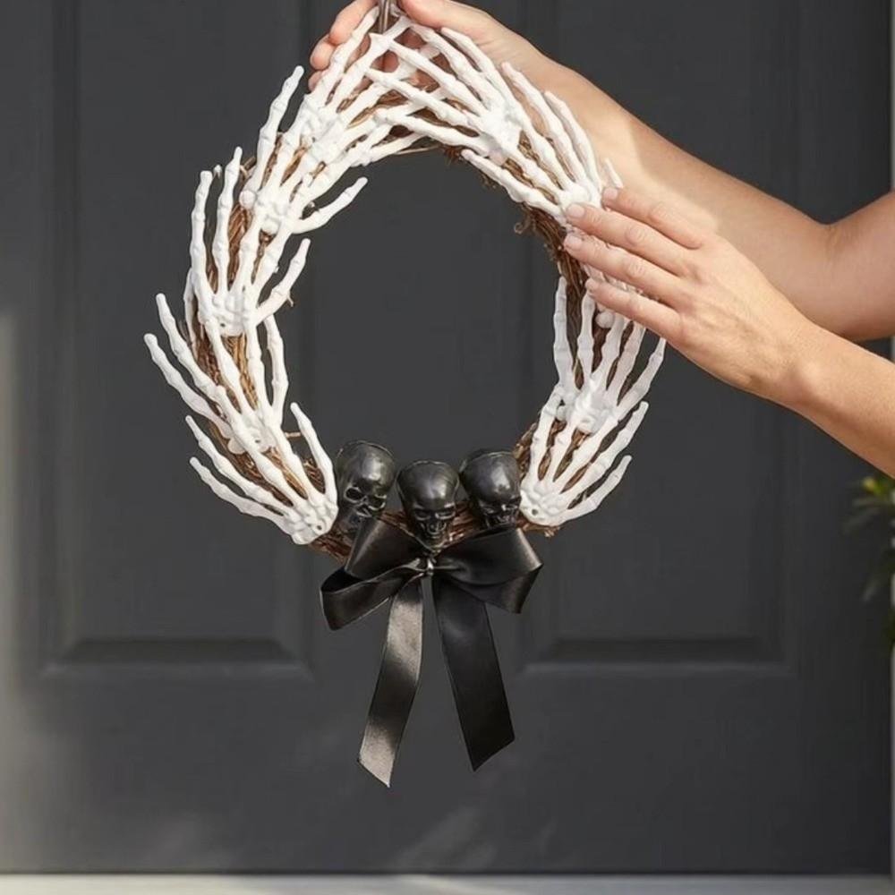 Dark Style Halloween Skeleton Hand Wreath White Bones Black Ribbon Halloween Artificial Wreath Black Bow Black Branch Wreaths