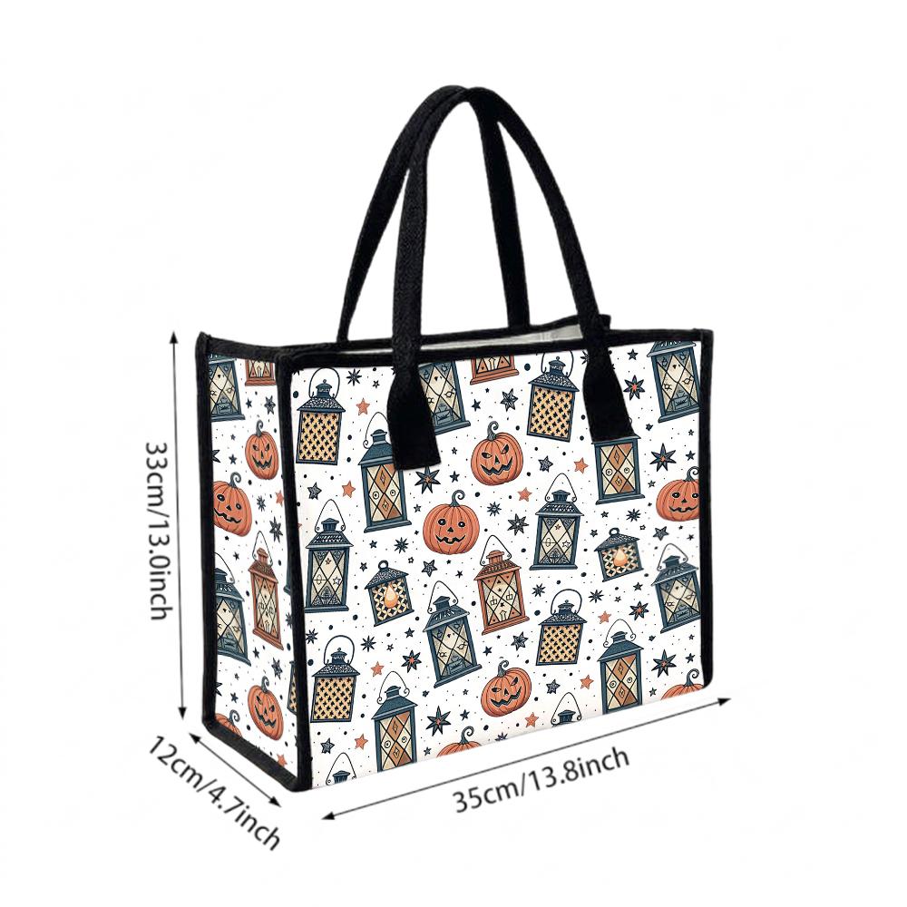 Halloween Pumpkin Lantern Printed Casual Tote Bag for Women Fashion Daily Use Shopping Handbag