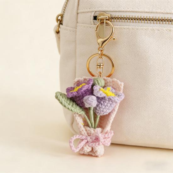 Keychain Pendant Hand Crocheted Flower Key Chain Colorful Yarn Roses Sunflower Charm Key Holder Bag Car Key Accessory