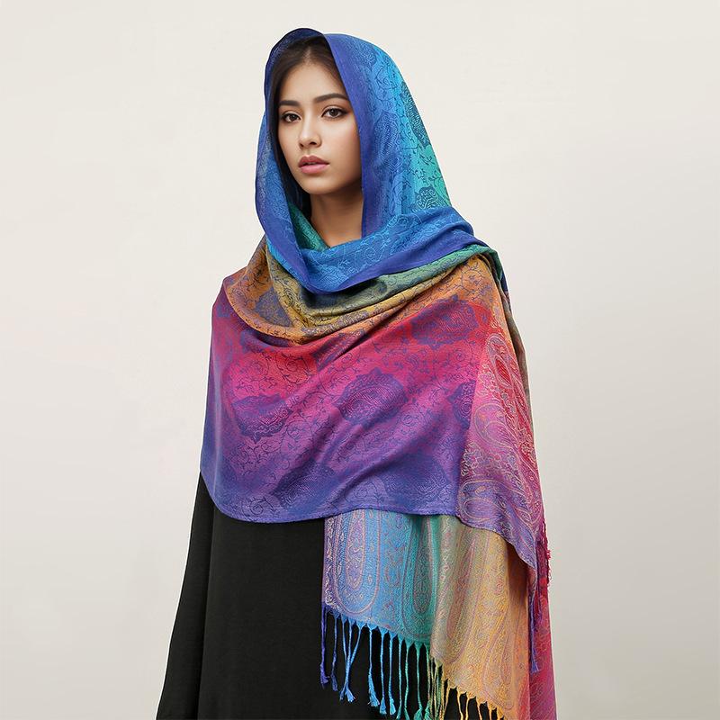 Ethnic Style Color Cashew Embroidery Rainbow Gradual Change Fringed Scarf Long Scarf Travel Photo Shawl Women'S Bag Headscarf