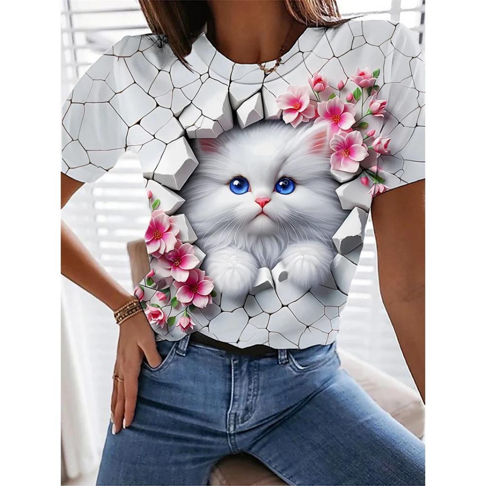 Plus Size 3D Printing Kawaii Cat T-shirt Women's Animal Graphics Casual Short-sleeved T-shirt Top O-neck T-shirt Beautiful Women's Clothing
