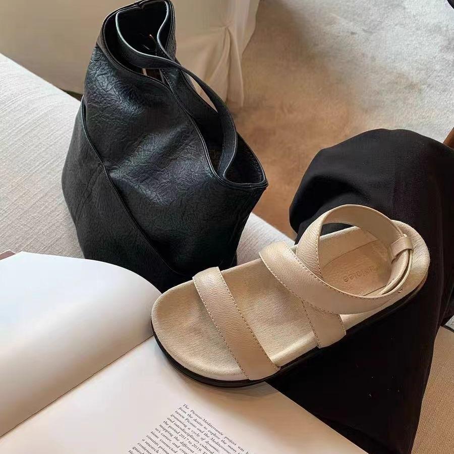 

2025 spring and summer new leather retro cross ankle strap platform shoes versatile casual comfortable lazy sandals women s shoes 40 абрикосовый
