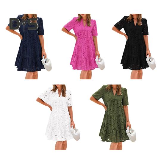 Rochie de vară pentru femei, cu mânecă scurtă, cu guler în V, model A-line, cu scobitură, cu scobitură, rochie de plajă